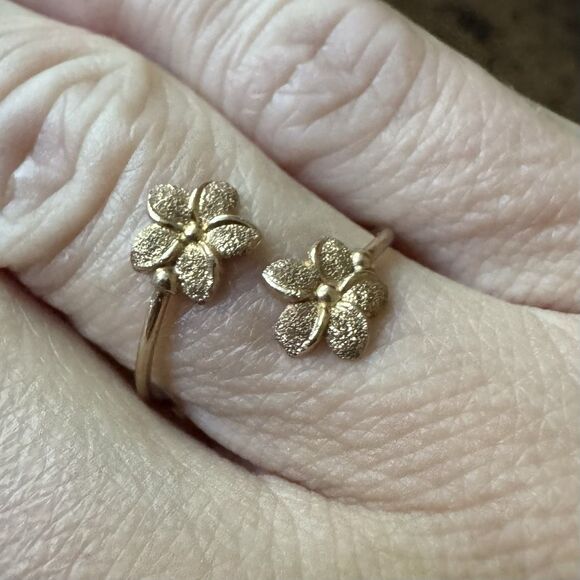 14K Rose Gold Double Flower Bypass Ring Adjustable Size 5-7 JMD Plumeria - Picture 3 of 12
